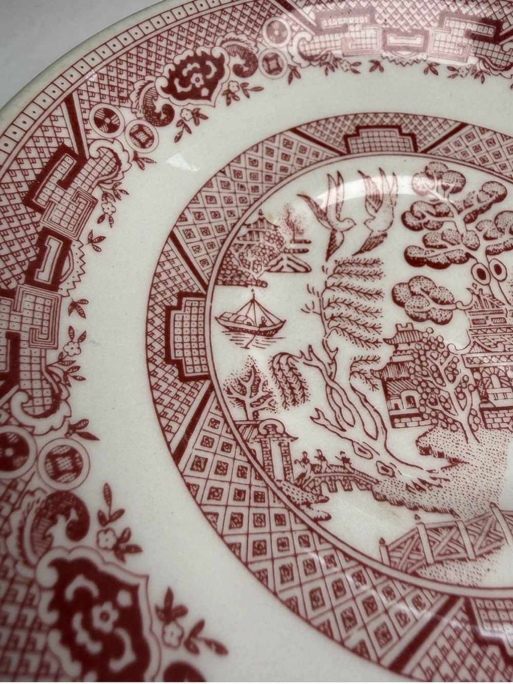 Red Transferware Ceramic Dinner Plate with Scenic Pattern